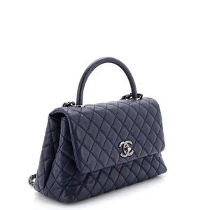 CHANEL Navy Quilted Top Handle Satchel with Silver Hardware